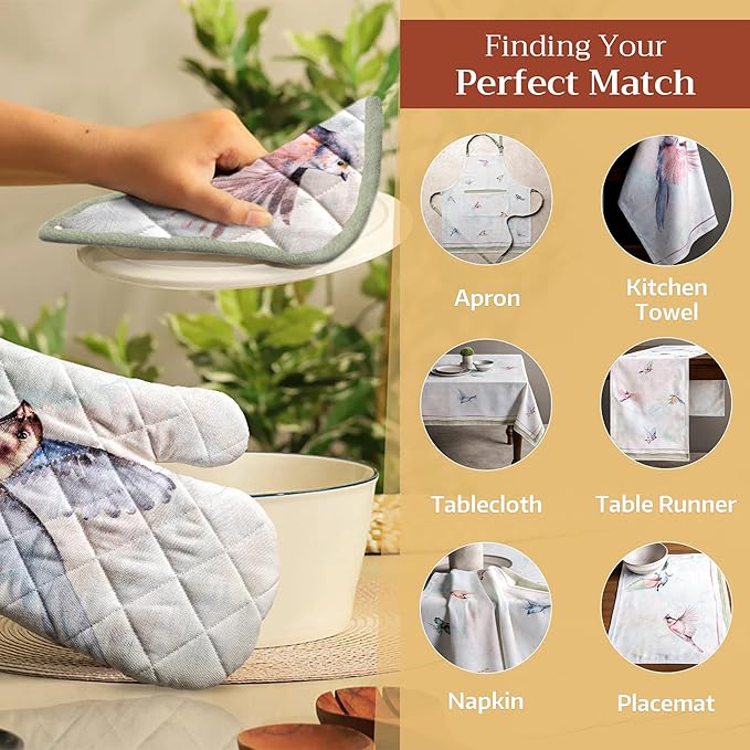 Maison d' Hermine Pot Holders 100% Cotton Heat Resistant Potholders 8" x 8" Hot Pads with Loop BBQ, Cooking, Baking, Grilling, Kitchen, Handling Hot Pans Spring/Summer (Pack of 1, Flying Birds)