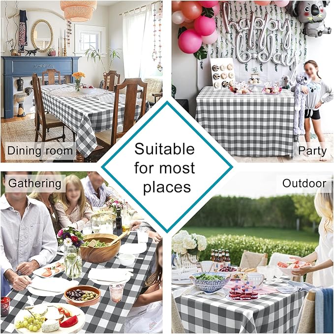 Hiasan Checkered Tablecloth Rectangle - Satin Resistant, Waterproof and Washable Gingham Table Cloth for 6 Foot Table, 60 x 140 Inch, Grey and White