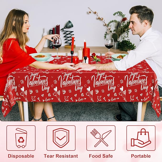 QZYL 2 PCS Valentines Decorations, Disposable 108" X 54" Valentines Tablecloths, Plastic Romantic Red Love Heart Tablecloths, Rectangle Love Table Covers, Valentine's Decorations for Memorable Tables
