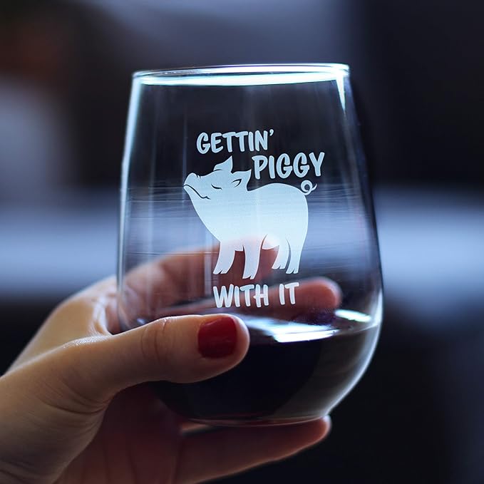Bevvee Gettin' Piggy With It - Stemless Wine Glass - Pig Decor Gifts for Lovers of Swine and Wine - Large 17 Ounce