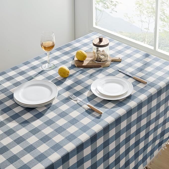 Softalker Checkered Tablecloth Rectangle, Outdoor Linen Cotton Gingham Table Cloth with Tassel, Heavy Duty Wrinkle Free Buffalo Plaid Table Cover for Kitchen Dining Home Party - 55 x 84 Inch, Blue
