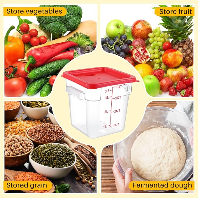 1 Pcs 4 Qt Square Food Storage Container with Lid, Clear Plastic Container with Lid and Scale in Green, Kitchen Organization Set for Home Kitchen, Restaurant Meal Prep (Red)