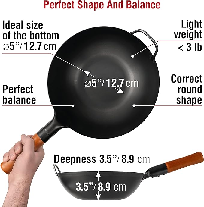 YOSUKATA Carbon Steel Wok Pan – 13,5 “ Stir Fry Pans with Flat Bottom + Premium Wok Cover 13.5 inch Pan Lid + 17’’ Spatula and Ladle
