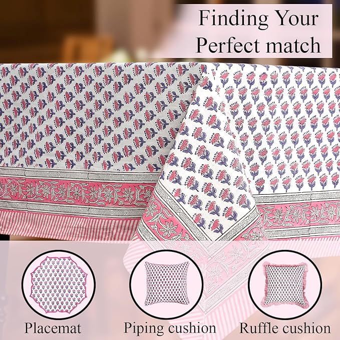 CPC Cotton Tablecloth 80x120 Inch Rectangle Indian Block Print Tablecloth- Pink Washable Wedding Table Cover for Thanksgiving/Christmas- Pink Sapphire