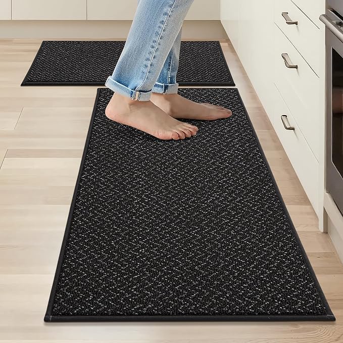 COSY HOMEER Kitchen Rugs and Mats 2PCS Non Slip Kitchen Mats for Floor Washable Stain Resistant Kitchen Runner Rug Sets Absorbent Kitchen Floor Mat 20"x32"+20"x48",Black