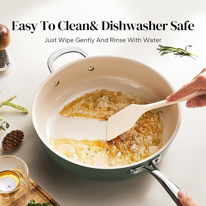 Redchef Ceramic Saute Pan with Lid, Nonstick Deep Frying Pan, 5QT Jumbo Cooker with Helper Handle & Lid, Non Toxic Ceramic Cooking Pan, Chef Pan, Dishwasher & Oven Safe, PFAS PFOA & PTFE Free（Green）