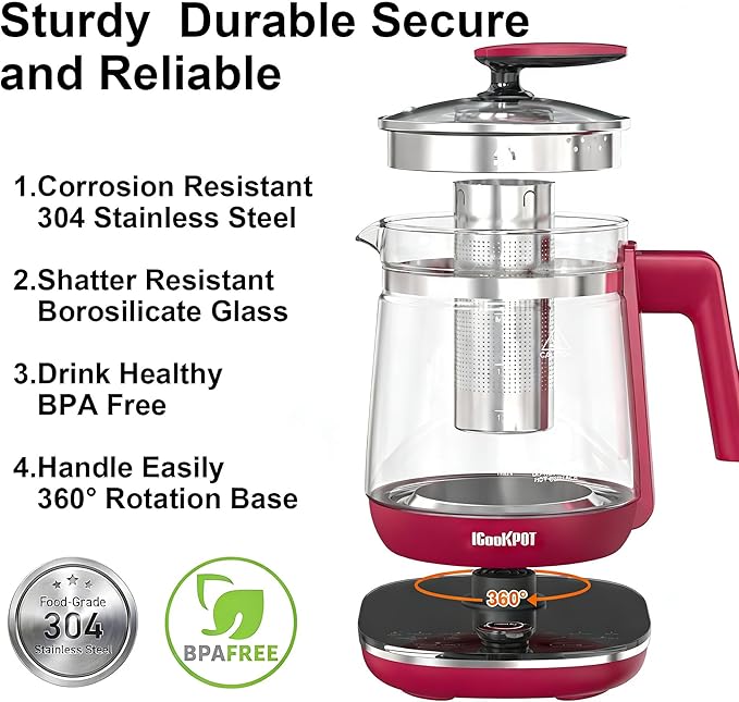 1200w Electric Kettle, 1.5L Borosilicate Glass tea kettle, Hot water kettle electric for Coffee or Tea, BPA Free, Auto Shut-Off, Stainless Steel, Fast Boil, Red