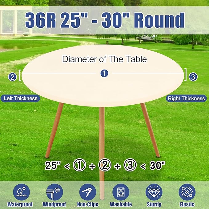 Round Spandex Tablecloth, Elastic Fitted Waterproof Tablecloths for 25"-30" Tables, Stretch Washable Picnic Table Cover for Camping, Dining, Indoor and Outdoor, Beige