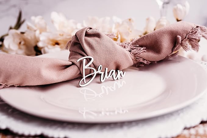Customized Wooden Name Tags for Place Setting, Personalized Place Cards for Weddings, Bridal Showers and Events, Cursive Laser Cut Seating Cards