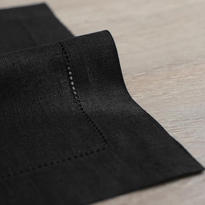 Solino Home Black Linen Napkins Set of 4-100% Pure Linen Hemstitch Dinner Napkins 20 x 20 Inch for Winter, Spring, Easter - Classic Hemstitch