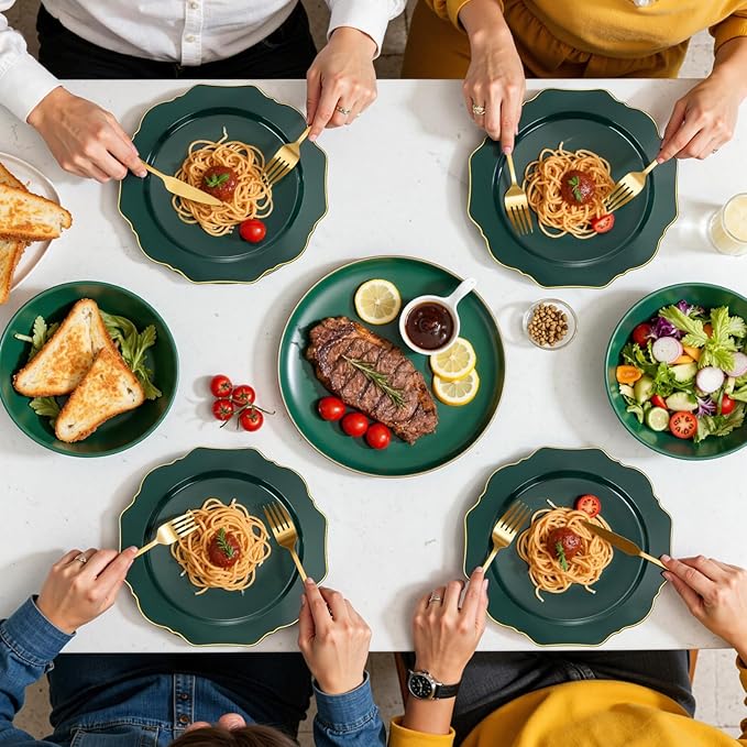 WDF 175Pcs Green Plastic Plates - Green Plates Disposable with Gold Rim - Christmas Plastic Plate - Fancy Disposable Dinnerware Sets 25 Guests Ideal for Party/Wedding/Birthday/St.Patrick's Day