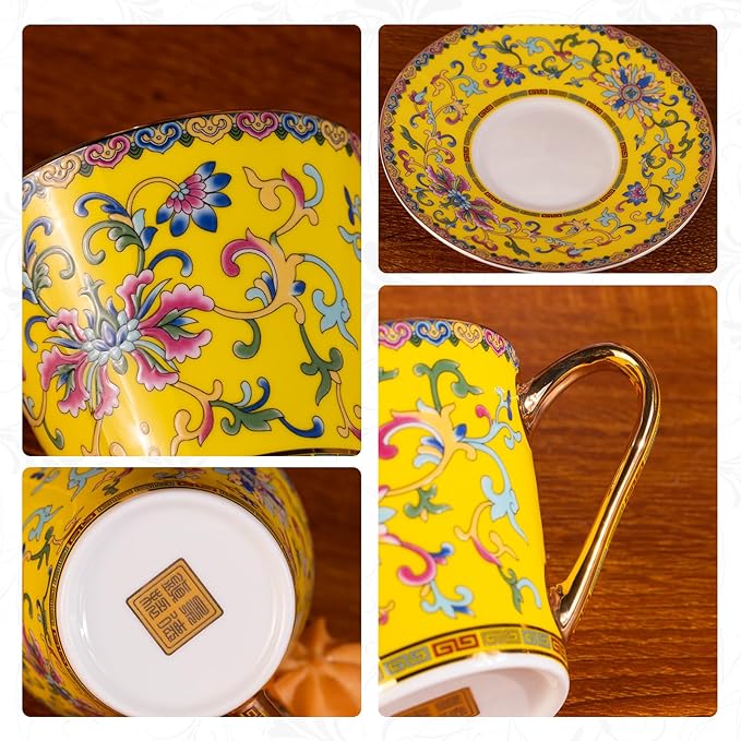 KAMMAK Tea Cups and Saucers Set of 2, Porcelain Coffee Cups with Saucer for Espresso, Cappuccino, 9oz Vintage Noble Yellow Ceramic Novelty Mug for Home, Tea Party, Office