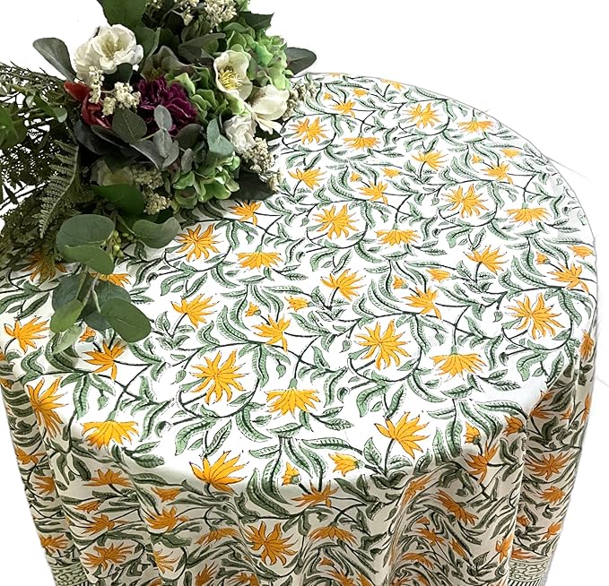 ATOSII Noor 100% Cotton Round Tablecloth, Handblock Print Floral Table Cloth for Kitchen Dining Linen I Parties, Weddings, Outdoors, Spring Summer Decor I 72" Inches Round