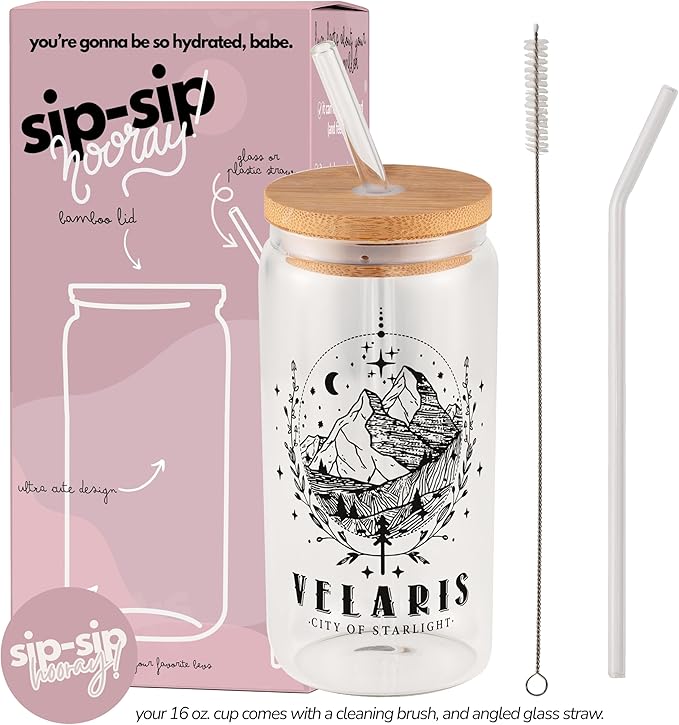 Sip Sip Hooray ACOTAR 16oz Glass Can Cup with Lid and Straw, Velaris City of Starlight Iced Coffee Tumbler, Night Court Bookish Drinkware, Dishwasher Safe Fantasy Gift for Women, To The Stars Mug