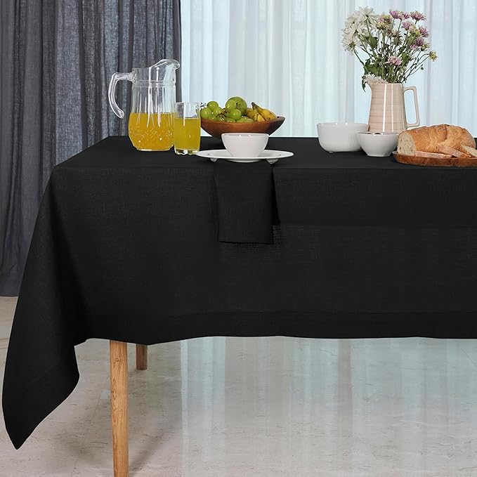 D'Moksha Homes Black Tablecloth 60 x 108 Inch - 100% Pure Linen Rectangular Tablecloth - Machine Washable Table Cloth for Spring, Easter