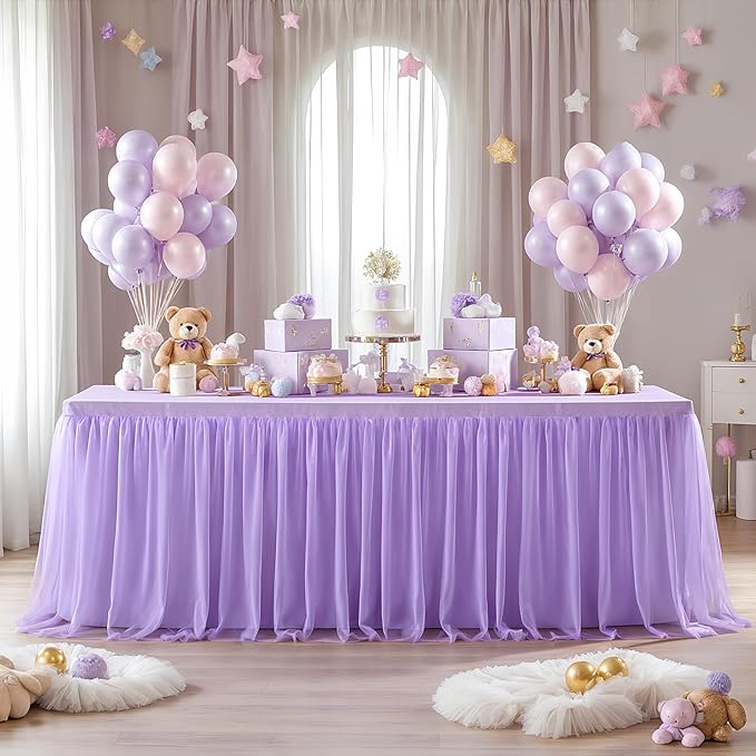 Suppromo 2 Pack 6ft Lavender Tulle Tablecloths for Rectangle Tables 6 Foot Rectangular Table Cloth Wrinkle Free Table Cover with Tutu Skirt for Wedding Baby Shower Birthday Party Banquet Buffet Cake