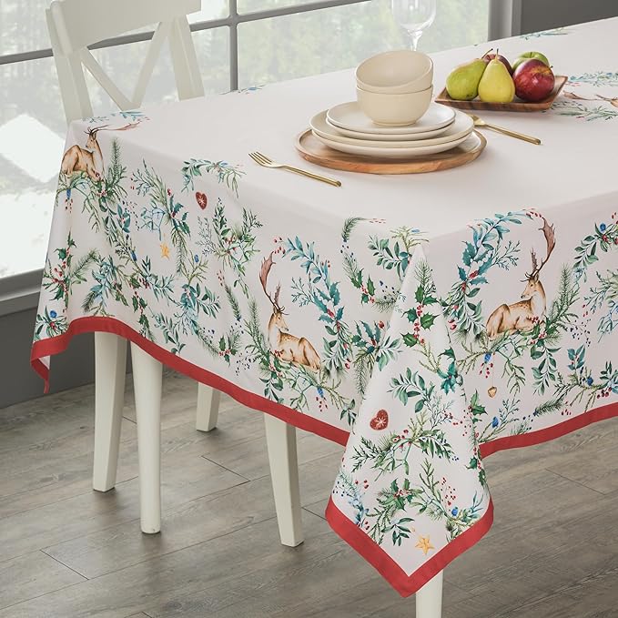 Maison d' Hermine Table Cloth Rectangle Table 100% Cotton 70 x 120 Inches Fall Tablecloth Reusable Everyday Use for Thanksgiving Christmas Decorations Dining Farmhouse Party (Holly Time)