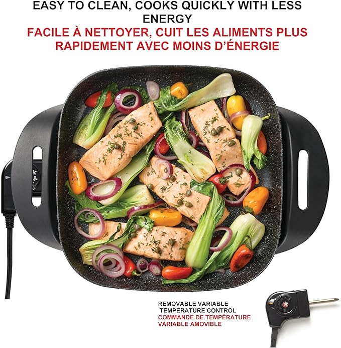Starfrit The Rock Electric Skillet - 12" x 12" - Rock.Tec Non-Stick Cooking Surface - Tempered Glass Lid - 1200W