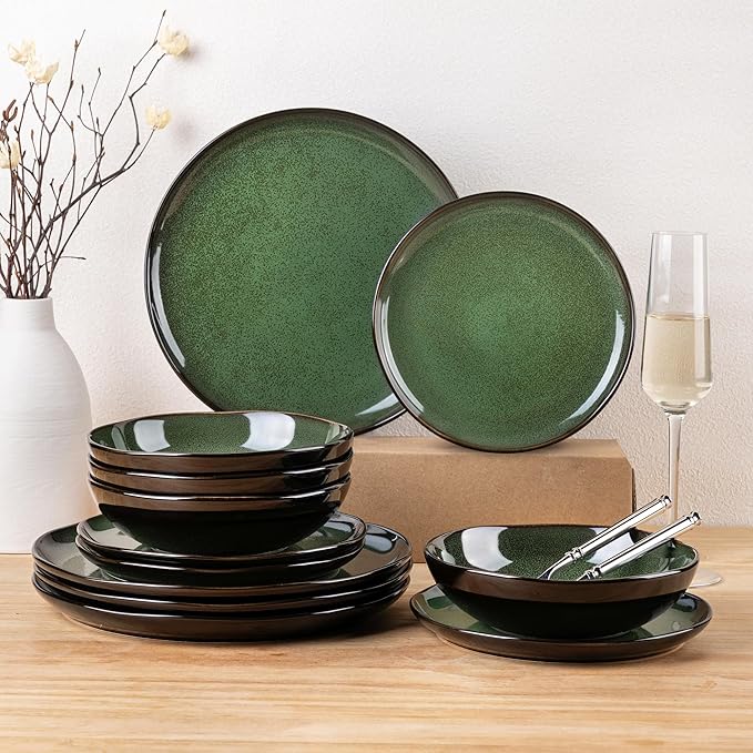 LERATIO Ceramic Dinnerware Sets for 4,Wavy Reactive Glaze Stoneware Plates and Bowls Sets,Highly Scratch Resistant | Dishwasher & Microwave,Oven Safe Dishes Set(12PCS)