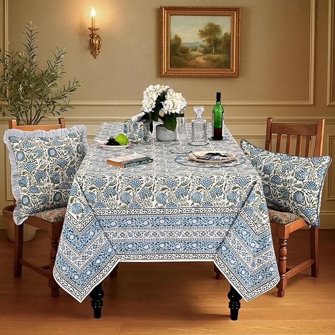 Ridhi Hand Block Print Asparagus Green Rectangle Cotton Tablecloth 108" x 70" Reusable Table Cover Decorative Everyday Use for Dining, Farmhouse, Home Gift for Spring, Easter, Valentine