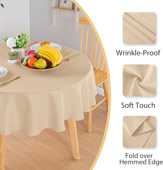 Hiasan Round Textured Tablecloth 50 Inch - Waterproof Spillproof Antiwrinkle Jacquard Table Cloth, Decorative Polyester Table Cover for Kitchen, Outdoor Picnic, Holiday and Parties, Beige
