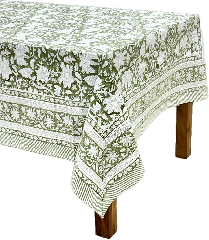 ATOSII Noori Green 100% Cotton Tablecloth, Block Print Rectangle Table Cover for Dining, Parties, Weddings, Outdoors, Holidays, 60 X 90 Inches I 6 Seater I Grandmillennial Preppy Boho Farmhouse Summer