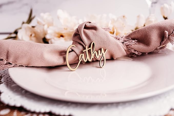 Customized Wooden Name Tags for Place Setting, Personalized Place Cards for Weddings, Bridal Showers and Events, Cursive Laser Cut Seating Cards