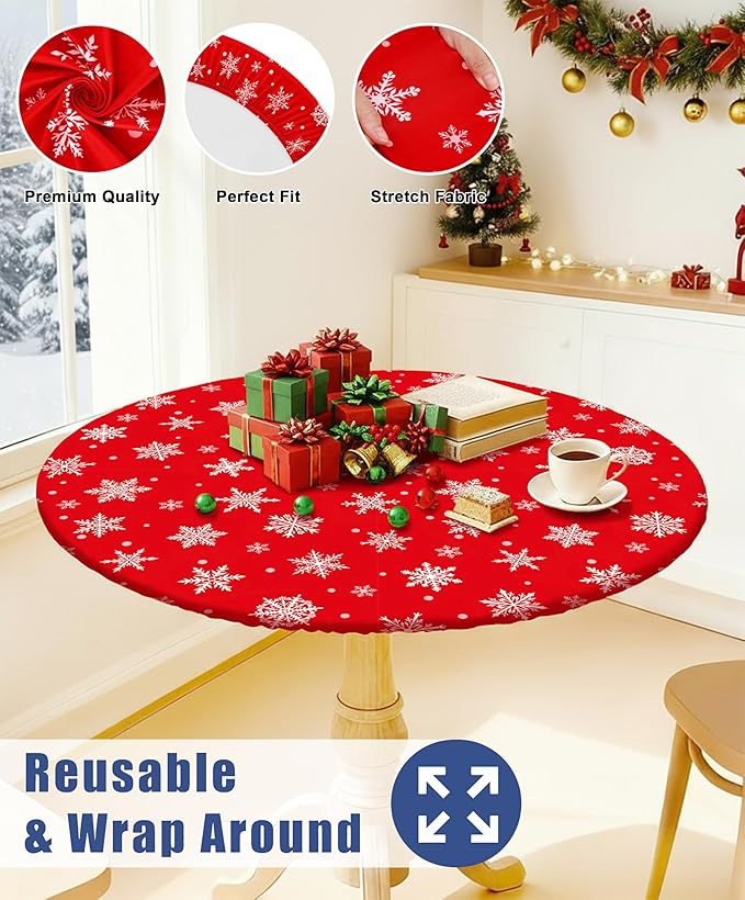 Round Spandex Christmas Tablecloth, Elastic Fitted Waterproof Tablecloths for 45"-56" Tables, Stretch Washable Picnic Table Cover for Christmas Dinner, Dot Snowflake