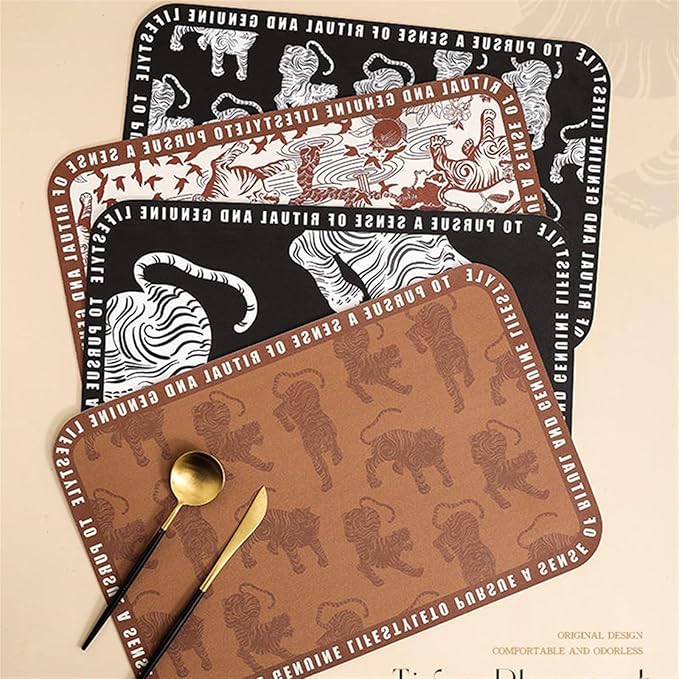 Nordic Leather Table Mat Tiger Printed Placemat Plate Bowl Waterproof Oilproof Heat-Insulated Pad Animal Dinning Table Decor(A)