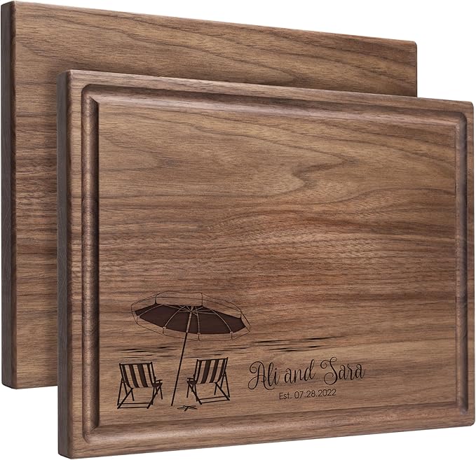 Personalized Cutting Board, Custom Wedding, Anniversary or Housewarming Gift Idea, Wood Engraved Charcuterie, for Couples and Friends, Tropical Beach Design 051