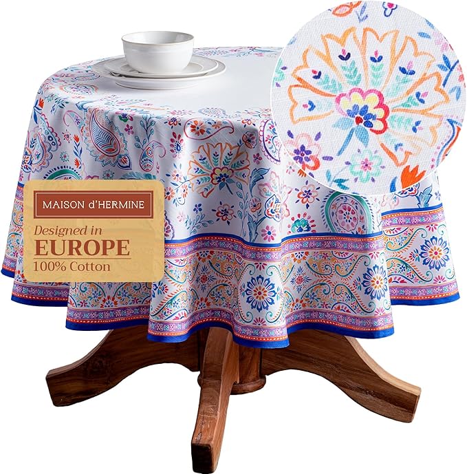 Maison d' Hermine Table Cloth Round Table 100% Cotton 63 Round Inches Tablecloth Reusable Decorative for Dining Room Farmhouse Home Valentines Day Decorations Spring Summer - Indian Floral