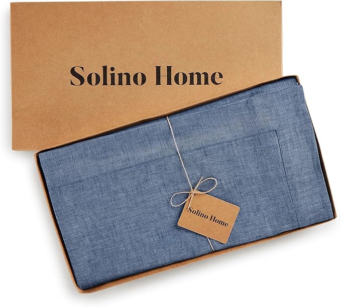 Solino Home Linen Tablecloth 60 x 144 Inch - 100% Pure Linen Blue Denim Table Cloth for Rectangle Tables - Athena, Machine Washable Tablecloth for Spring, Easter