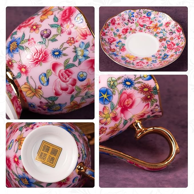 KAMMAK Tea Cups and Saucers Set of 2, Porcelain Coffee Cups with Saucer for Espresso, Cappuccino, 6.3oz Vintage Pink and Yellow Ceramic Novelty Mug for Home, Tea Party, Office