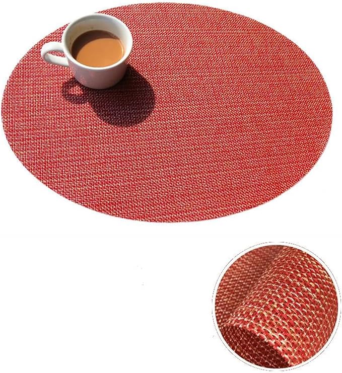 Washable Oval PVC Placemats Set of 1/4/6 Heat Cross Woven Non-Slip Insulation Table Mats for Kitchen Dining Table(Tuo red,6 pcs)