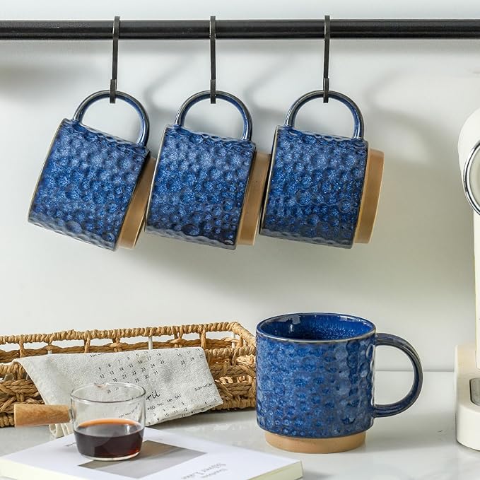 Nihow 16OZ Stackable Coffee Mug Set, Large Ceramic Coffee Mug Set of 4,Coffee Cup Set for Cappuccino/Latte/Cocoa,Dishwasher & Microwave Safe,Vivid Blue