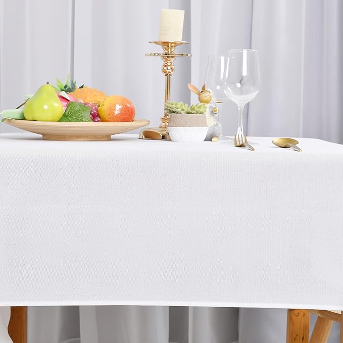 Hiasan Faux Linen Rectangle Tablecloth - Wrinkle and Stain Resistant Washable Table Cloth for Kitchen Dining Room Holiday Table Cover for Party Dinner, White, 60 x 102 Inch