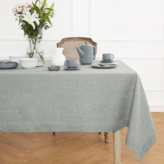 Solino Home Linen Tablecloth 60 x 90 Inch - 100% Pure Linen Chambray Grey Table Cloth for Rectangle Tables - Athena, Machine Washable Fabric Tablecloth
