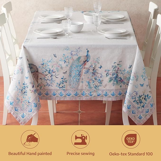 Maison d' Hermine Premium Table Cloth Rectangle Table 100% Combed Cotton 140 x 70 Inches Tablecloth Reusable Decorative for Dining Room, Farmhouse, Party, Festive & Wedding - Peacock Utopia - Orginal