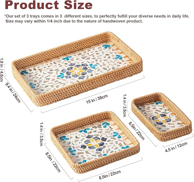 Set of 3 Rectangle Rattan Trays for Decor, Wicker Serving Tray Boho, Hand-Woven from Natural Rattan with Mother of Pearl Inlay, Vintage Woven Decorative Table Trays for Kitchen Counter, Dining Table