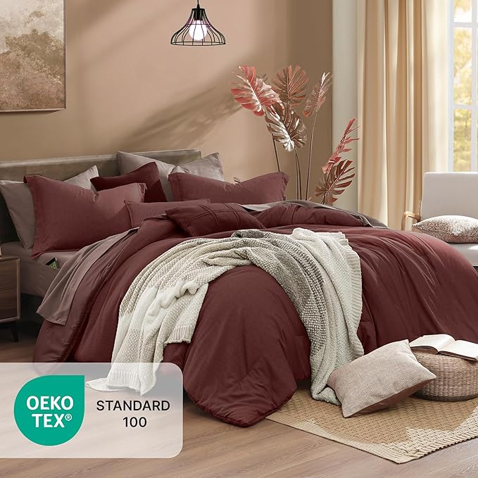 Monbix Queen Comforter Set - 7 Pieces Cationic Dyeing Dark Red Bed in a Bag Queen Bedding Sets with Comforter, Sheets, Pillowcases & Shams, Reversible Bedding Comforters Sets
