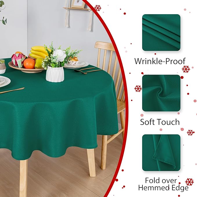 Hiasan Round Textured Tablecloth 60 Inch - Waterproof Spillproof Antiwrinkle Jacquard Table Cloth, Decorative Polyester Table Cover for Kitchen, Picnic, Holiday and Parties, Emerald Green
