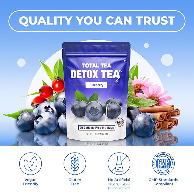 Total Tea SIimming Detox Tea Caffeine Free - 25 Day Detox - Herbal Tea with Chamomile, Hibiscus Tea & Ginger Root for Colon Cleanse – Natural Bluebberry Fruit Tea