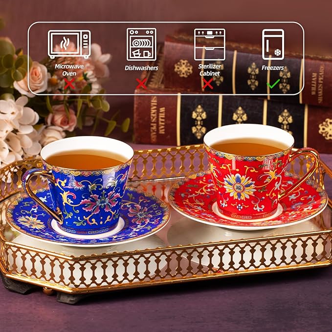 KAMMAK Tea Cups and Saucers Set of 2, Porcelain Coffee Cup with Saucer for Espresso, Cappuccino, 8oz Vintage Red and Blue Ceramic Novelty Mug for Home, Tea Party, Office