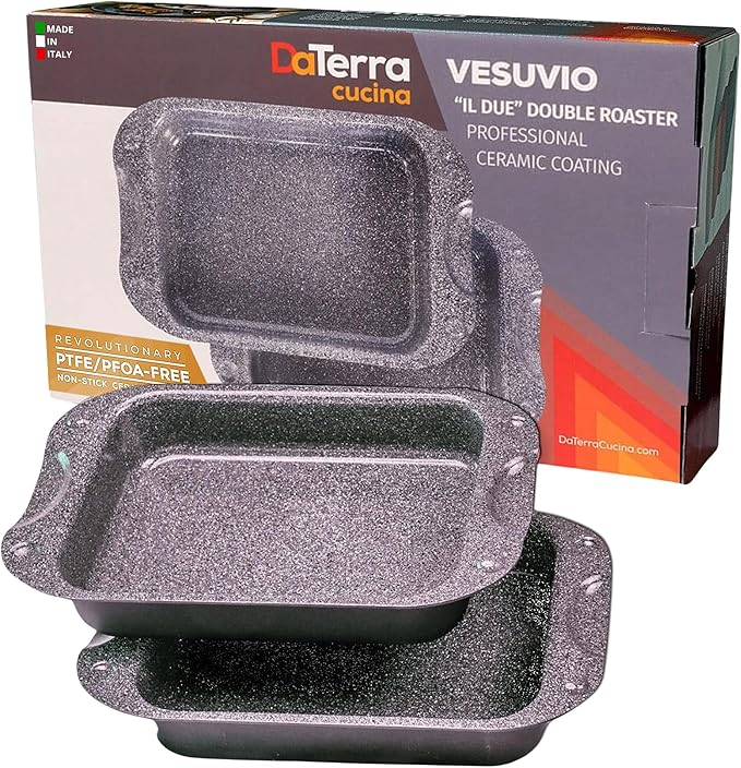 DaTerra Cucina - 13" Nonstick Ceramic Coated Dual Roasting Pan Set – 2 Identical Pans, Oven Safe, Ideal for Roasting, Baking, Searing, Braising, Casseroles, Fits Most Toaster Ovens