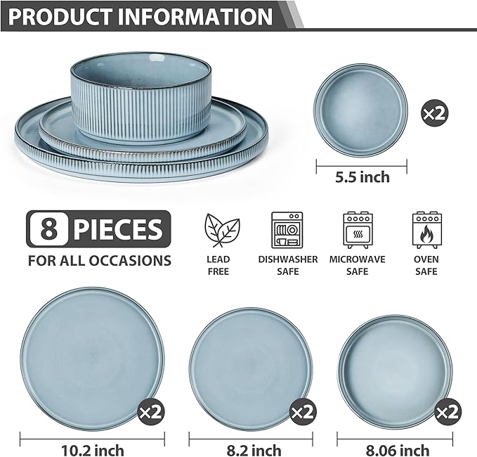 LIANYU Dinnerware Plates and Bowls Dishes Set, 8 Piece Elegant Stoneware Sets with Pasta Bowls for 2, Modern Ribbed Ceramic Dining Ware for Restaurant Wedding, Dishwasher Safe, Slate Blue