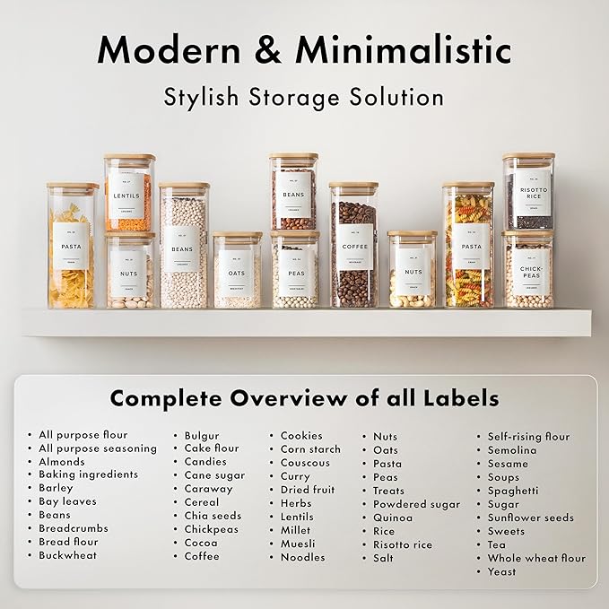 Square Glass Storage Containers with Bamboo Lids 12-Pack (4x 30 oz, 8x 17 oz) Airtight Storage Jars with Lids for Food, Stackable Kitchen Canisters with 114 Labels for Pantry [Thicker Glass 3mm]
