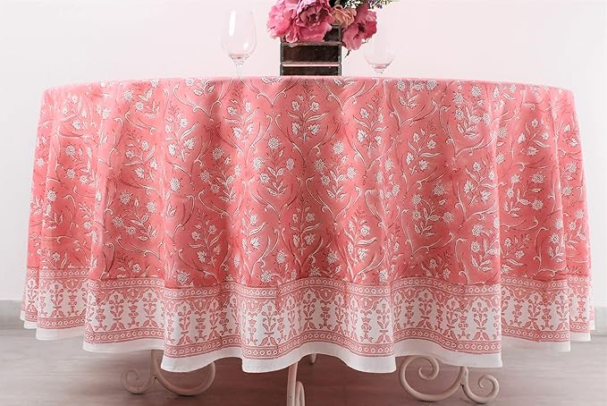 Ridhi Block Print Round Sweet Pink Reusable Tablecloth 100% Cotton 120" Inch Decorative Table Cover eveyday Dining, Home, Party, Wedding, Farmhouse Gift for Spring, Easter, Valentine