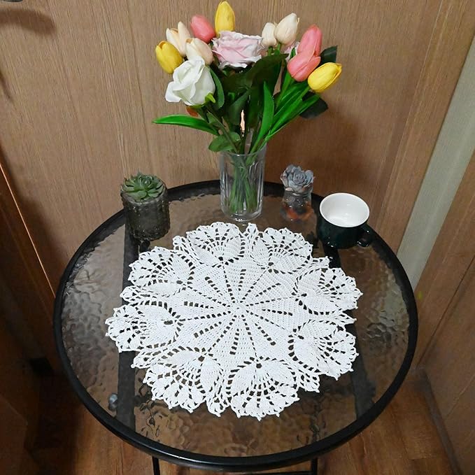 BIBITIME Tulip Flower Doilies Lace Doilies Kitchen Table Doily Mats Tablecloth Handmade Crochet Placemats Vase Dish Plate Mat (1 PC- 15 inches- 16 inches, White)