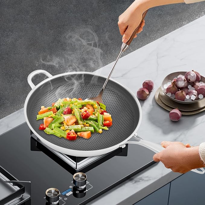 14 Inch Wok Pan with lid, Food-Grade Stainless Steel Woks & Stir-fry Pans Nonstick, Dishwasher and Oven Safe, Cooking Pan Compatible with Gas & Induction Cooker