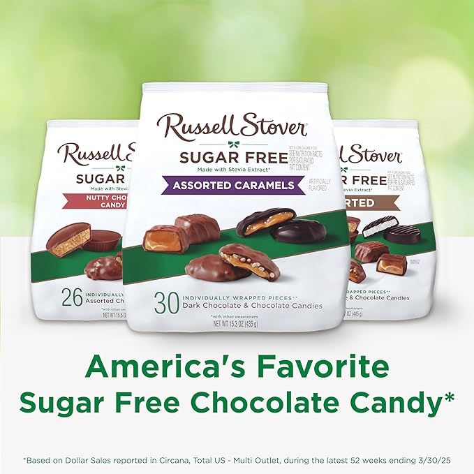 RUSSELL STOVER Sugarfree Assorted Caramels in Chocolate Candy, 15.3 oz. bag, 3 Pack